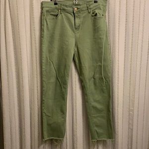Distressed hem straight leg army green jeans